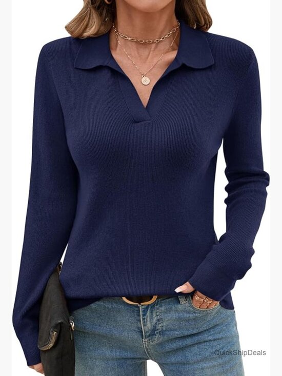 Sweaters - Women's Knitted V-Neck Polo Sweater Long Sleeve Winter Pullover
